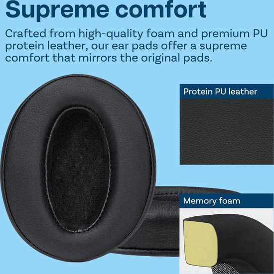 Zwart PU-lederen oorkussen met memory foam, met close-up van leer en schuim.