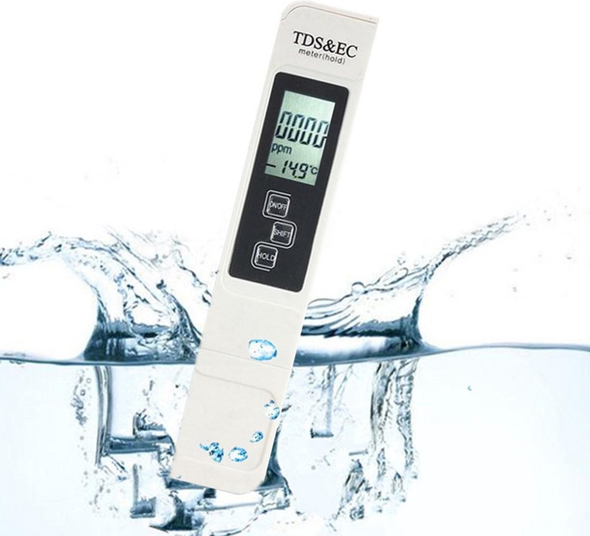 FOLQON Digitale TDS - EC en Temperatuur Meter - Incl. Batterij - Watertester - Voor Zwembad, Aquarium, Drinkwater - Multifunctioneel - Beige