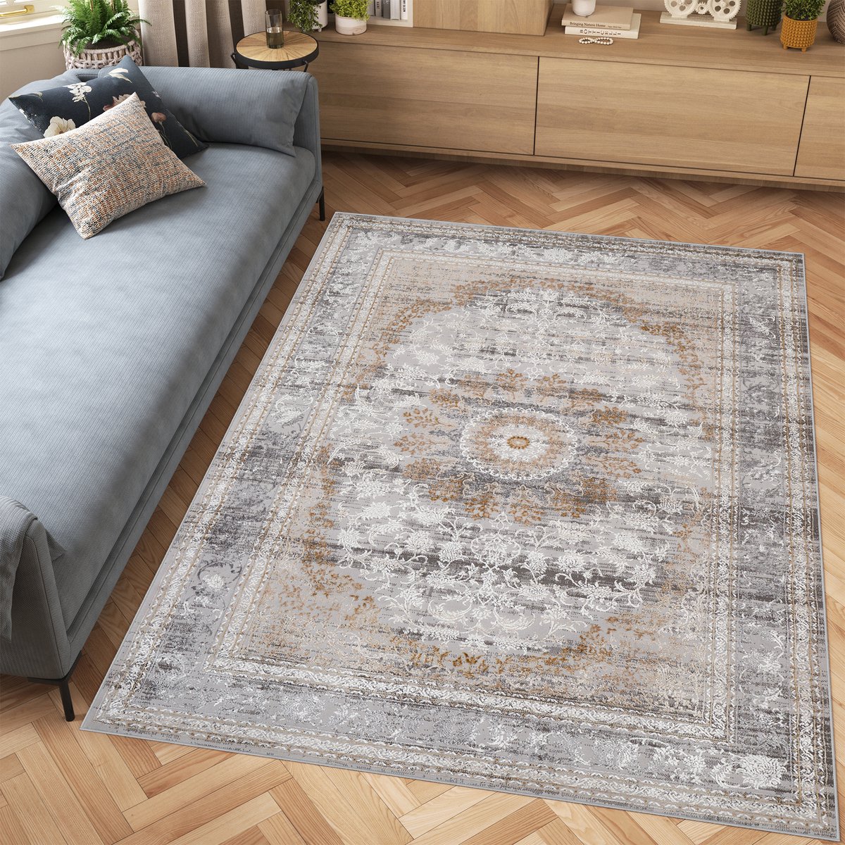 Tapiso Hera Vloerkleed Lichtgrijs Klassiek Frame Woonkamer Tapijt Maat- 80x150 Lichtgrijs Grijs 1