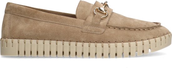 Manfield - Dames - Beige suède loafer met goudkleurig detail - Maat 36