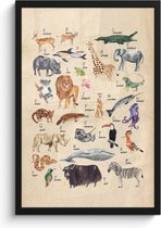 Poster in lijst kids - Poster dieren - Schilderij kinderen - Alfabet - Dieren - Leeuw - Retro - Bruin - 40x60 cm