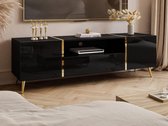 Meuble TV 2 portes, 1 tiroir et 1 niche - Noir brillant et doré - MARZIALO L 158 cm x H 51,8 cm x P 41 cm