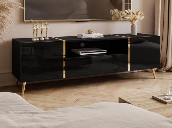 Tv-meubel met 2 deuren, 1 lade en 1 nis - Glanzend zwart en goudkleurig - MARZIALO L 158 cm x H 51.8 cm x D 41 cm