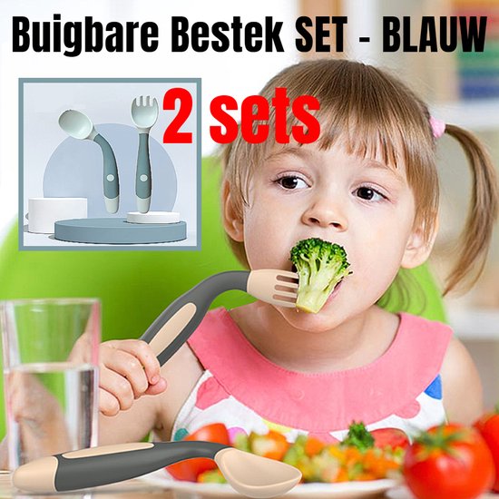 Allernieuwste.nl® 2 Sets Van 3-DELIG Buigbaar Kinderbestek Buigbare Lepel en Vork Vaatwasserbestendig - BPA Vrij - kleur BLAUW van Allernieuwste.nl® — afbeelding 4