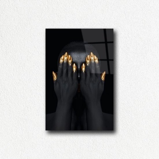 Indoorart - Glasschilderij bodyart zwart goud 100x150 CM - Afbeelding op plexiglas - Inclusief montagemateriaal
