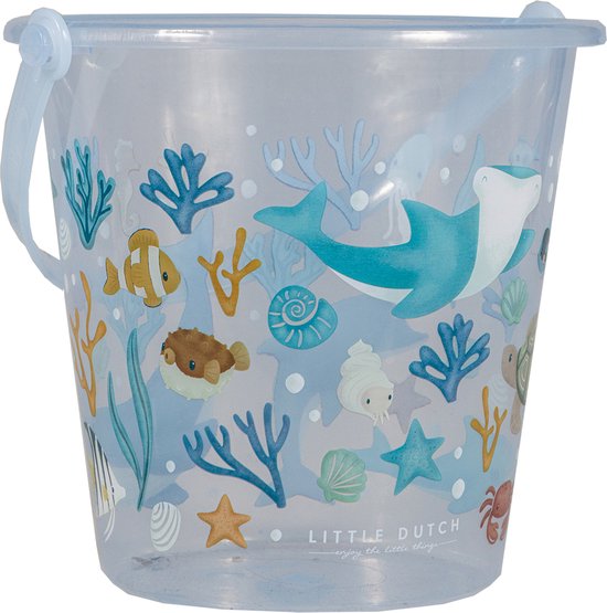 Transparante emmer met zeedieren print, waaronder een dolfijn, clownvis en schildpad. 'Little Dutch' logo zichtbaar.