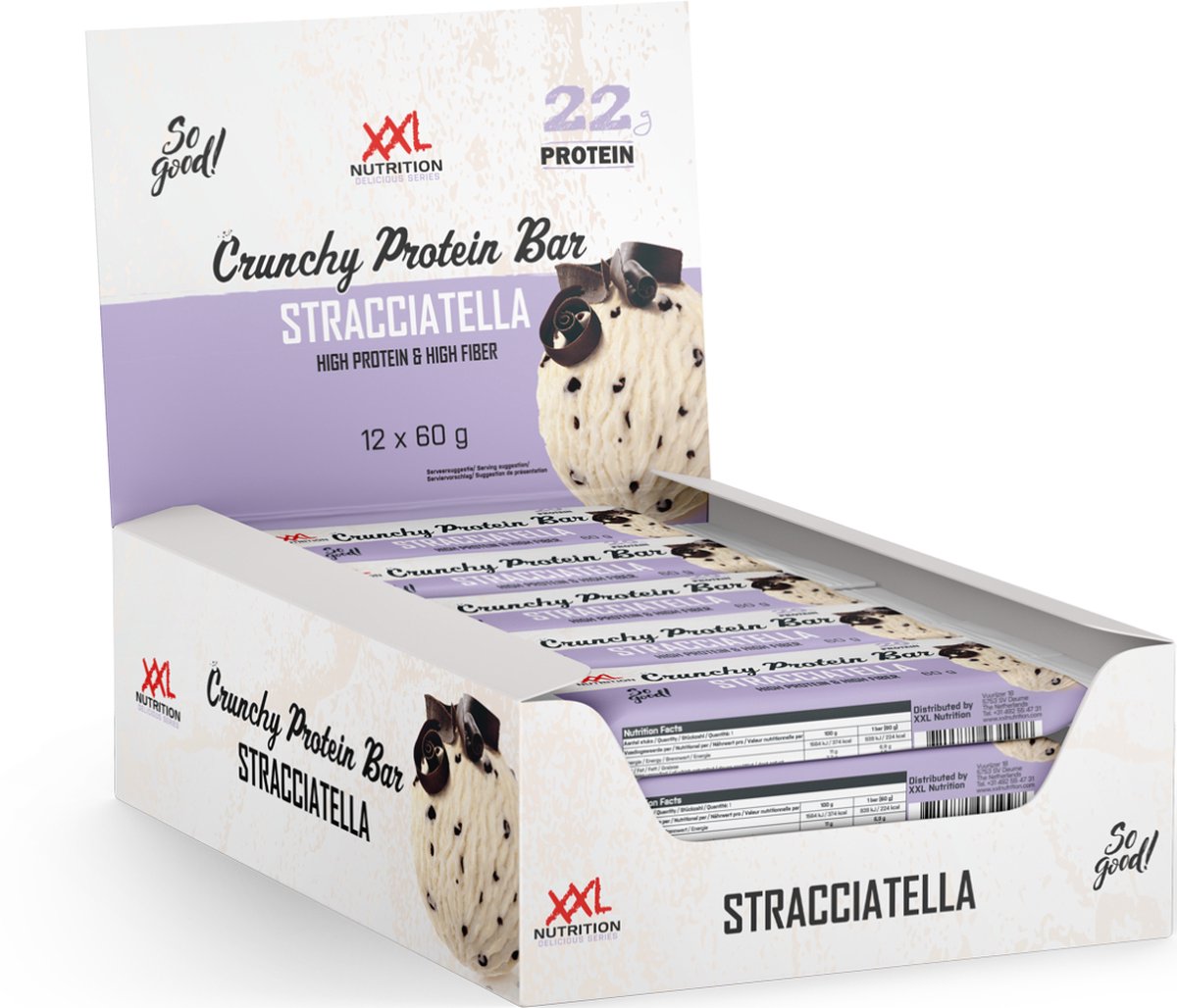 Goedkoopste XXL Nutrition - Crunchy Protein Bar - 21 gram Eiwit - Eiwitreep, Proteine Repen, Fitness Snack - Diverse Smaken - 12 Pack - Stracciatella
