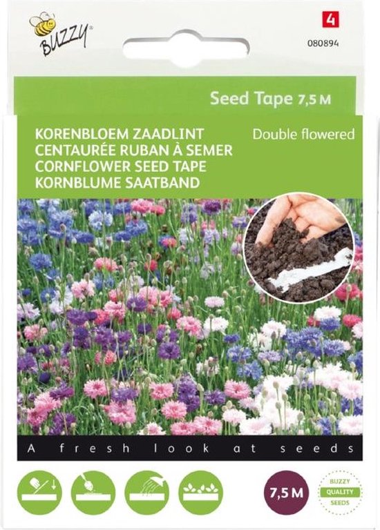 Korenbloem (Centaurea cyanus) - gemengd Zaadlint – Buzzy Seed Tape - Snijbloemen - bloeit in Mei / Juni / Juli / Augustus