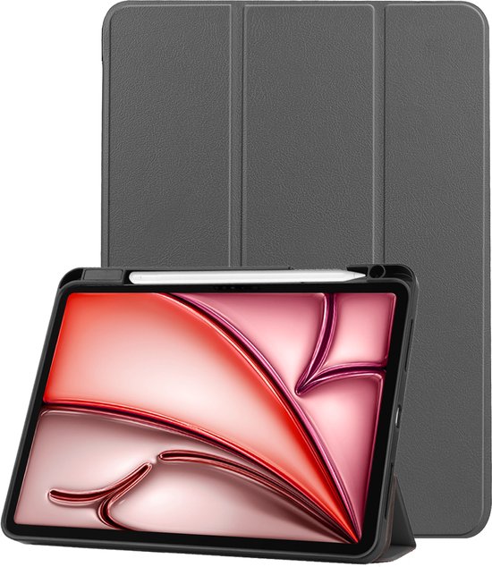 Étui pour tablette gris NoXx en position verticale avec Apple Pencil, pour un iPad Air.