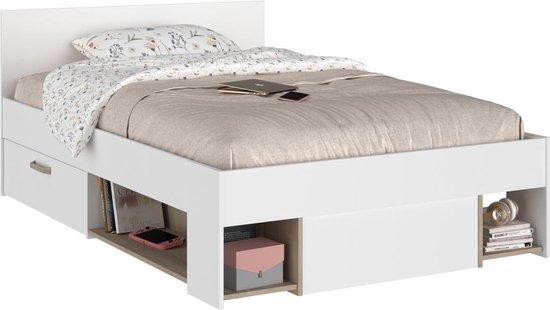 Bed met opbergruimte – 120 x 190 cm – Wit en houtlook – KINSELIA L 124 cm x H 76 cm x D 193.4 cm