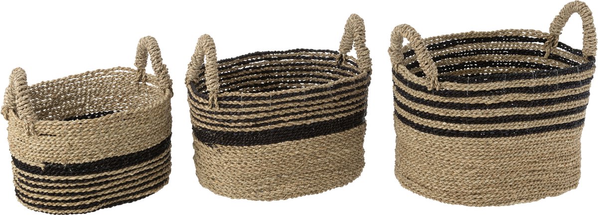 J-Line mand Laura Raffia - jute - zwart/naturel - 3 stuks