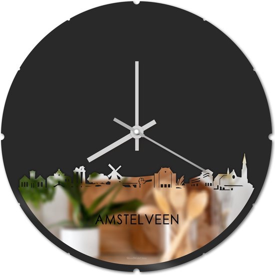 Skyline Klok Rond Amstelveen Spiegel - Ø 44 cm - Stil uurwerk - Wanddecoratie - Meer steden beschikbaar - Woonkamer idee - Woondecoratie - City Art - Steden kunst - Cadeau voor hem - Cadeau voor haar - Jubileum - Trouwerij - Housewarming -