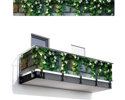 Balkonscherm 500x80 cm - Balkonposter Klimop - Groen - Stenen - Wit - Grijs - Balkon scherm decoratie - Balkonschermen - Balkondoek zonnescherm