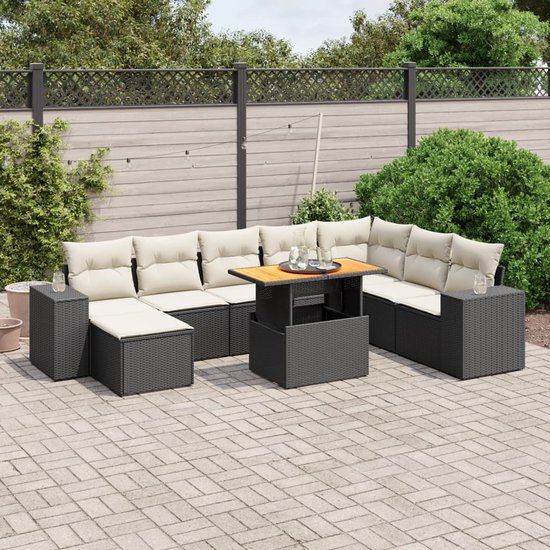 vidaXL - 9-delige - Loungeset - met - kussens - poly - rattan - zwart