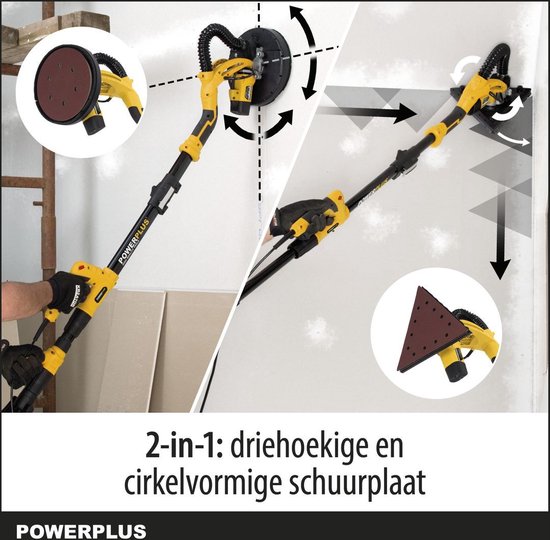 Powerplus elektrische Langnekschuurmachine POWX0477 - 710W wand- & plafondschuurmachine - schuurpapier Ø225mm - 1500min-1 - telescopisch - met 12 acc.