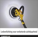 Gele schuurmachine met ledverlichting rond schuurschijf verlicht een muur.