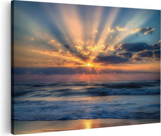 Tableau sur toile d'une aube avec rayons du soleil perçant les nuages au-dessus de l'océan.