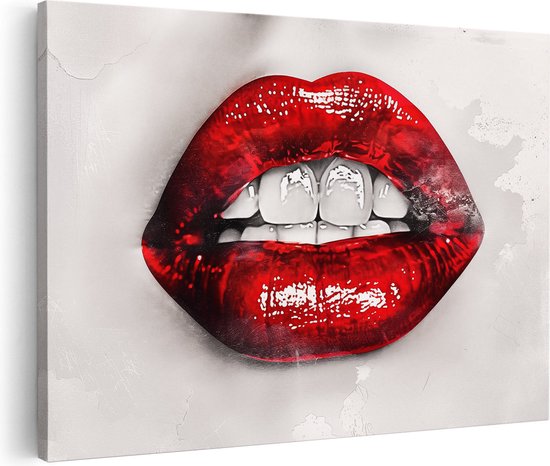 Artaza Canvas Schilderij Rode Lippen met Witte Tanden - 60x40 cm - Wanddecoratie Woonkamer - Schilderijen - Muurdecoratie