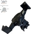 Zwarte telefoonhouder met klembevestiging en 3D anti-vibratiesysteem.