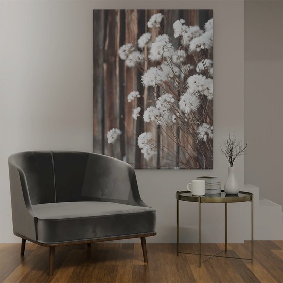 Tableau Artaza Fleurs Witte devant une clôture en bois - 90x120 - Décoration murale - Photo sur toile - Impression sur toile