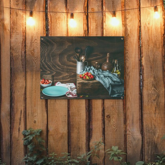 Tableau jardin Rustique - Fruits - Ustensiles de cuisine - Fraise - 80x60 cm - Affiche jardin - Toile jardin - Affiche extérieur