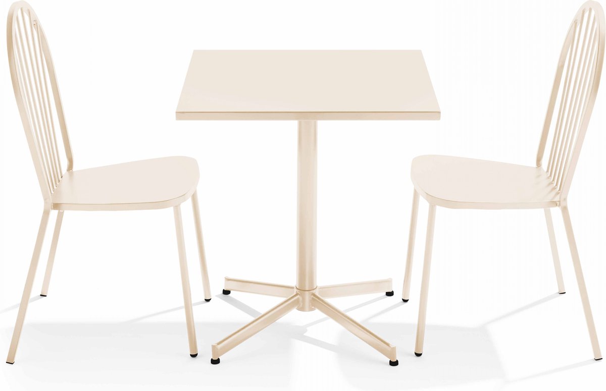 Oviala Een kantelbare vierkante tuin tafel en 2 ivoorkleurige bistrostoelen Palavas