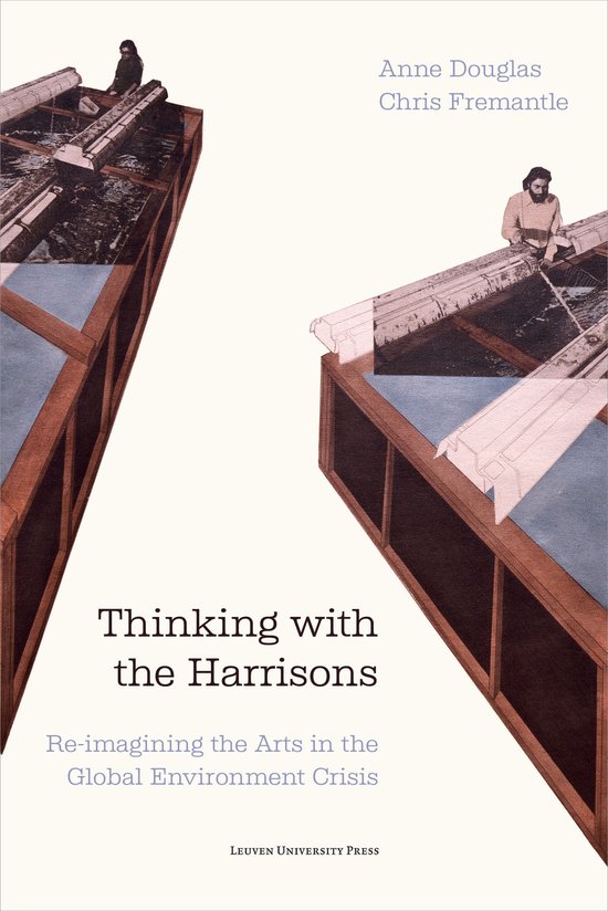 Boekomslag met twee afbeeldingen van personen in een kas, de titel is 'Thinking with the Harrisons'.