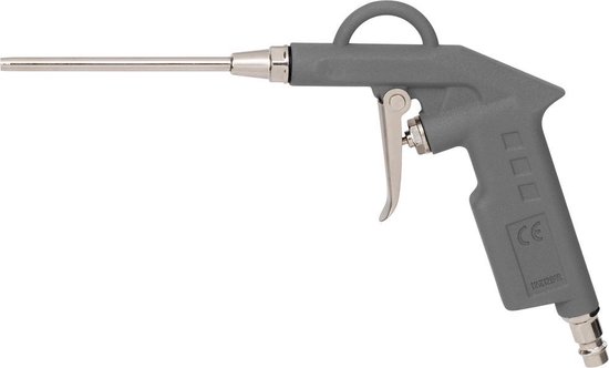 Grijs pneumatisch blaaspistool met zilverkleurige metalen spuitmond en trekker.