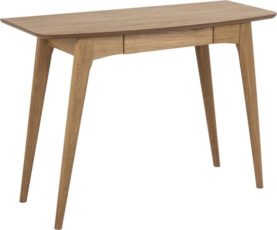 Bureau van naturel eikenfineer met één lade en schuine poten.