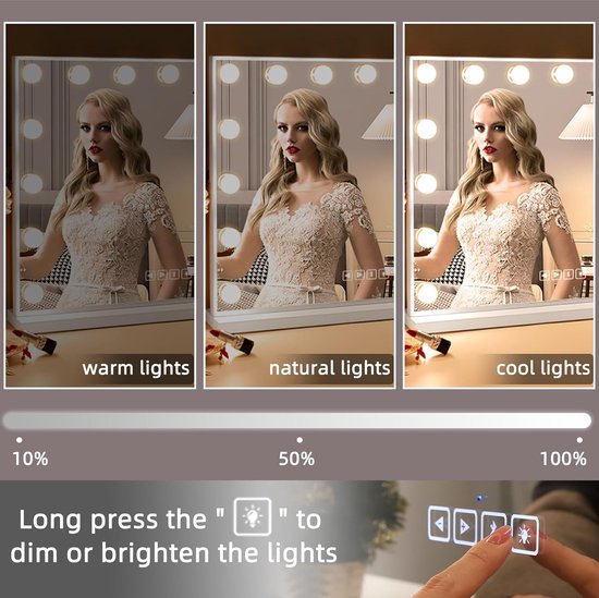 Bluetooth Make-up Spiegel met verlichting 15 LED-lamp Dresse Spiegel Hollywood Spiegel met USB oplaadpoort 3 kleurtemperaturen grote make-upspiegel voor tafelspiegels of wandspiegel [Energieklasse F]