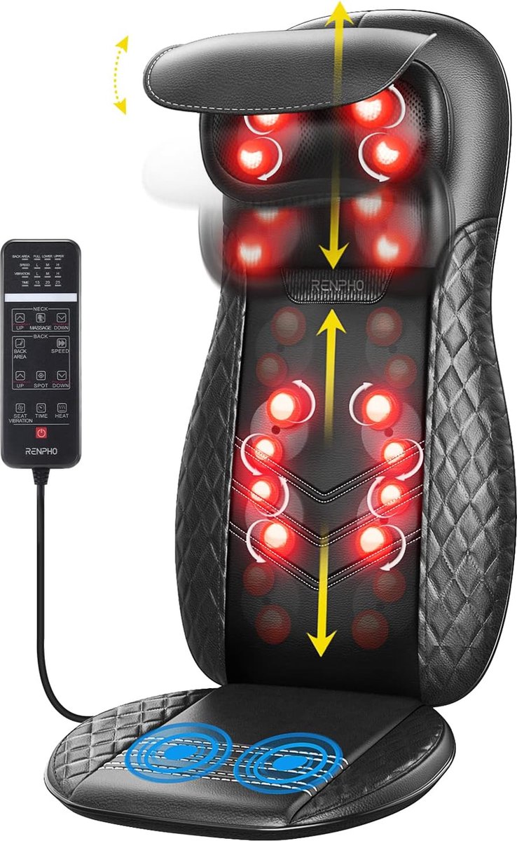 Goedkoopste Shiatsu-massageapparaat met warmte en vibratie nekrugmassagestoelkussen diep weefselkneden volledig rugmassageapparaat voor nek rug schouders in hoogte verstelbaar thuis en op kantoor met ultieme ontspanning