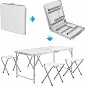 SureDeal® - Campingtafel - Met 4 Stoeltjes - Inklapbare Tafel - Wit - 120x60x70 cm - Vouwtafel - Picknicktafel - Hoogte verstelbaar - Kampeertafel - Camping