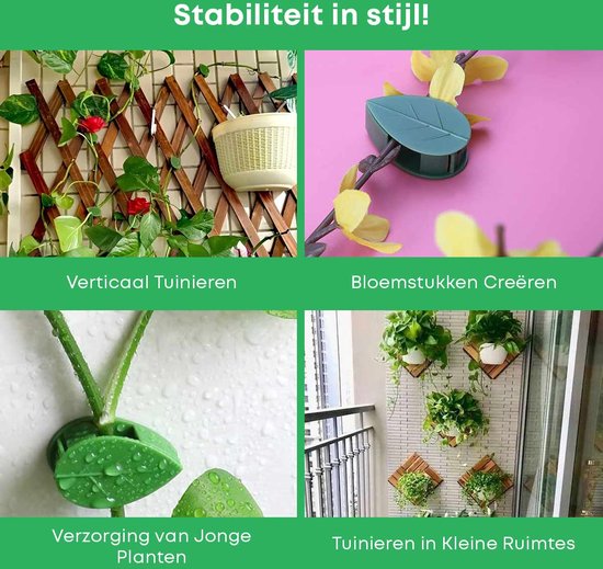 Clips verts pour plantes sur fond vert, avec texte néerlandais sur le jardinage vertical, la création d'arrangements floraux, l'entretien des jeunes plantes et le jardinage dans de petits espaces.