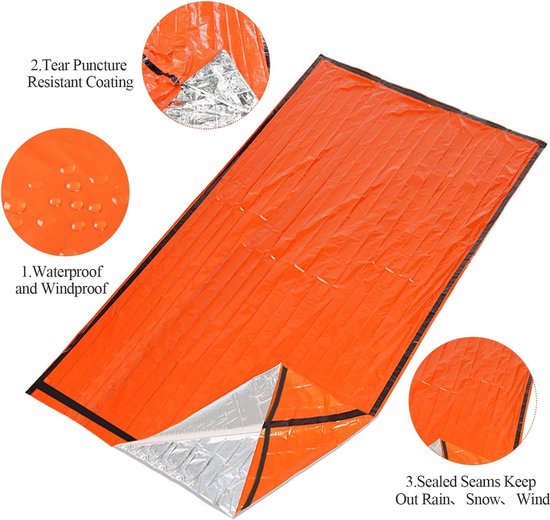 Esky Noodslaapzak, 2 stuks survivaltas, draagbare thermische bivy zak, waterdichte lichtgewicht nooddeken, survivaluitrusting met kompas en fluitje voor kamperen, wandelen, outdoor avontuur
