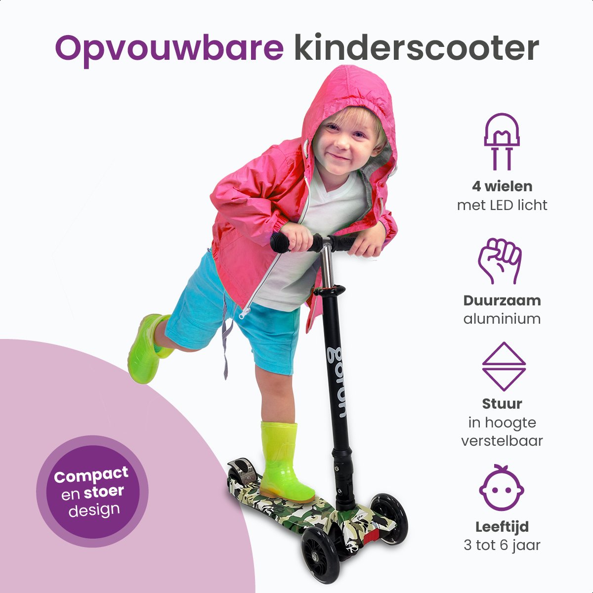 Gofun Kinderstep - Lichtgevende Wielen - Opvouwbaar - Step 3-8 jaar - Verstelbaar - Antislip - 85 x 58 x 23 cm - Zwart — afbeelding 3