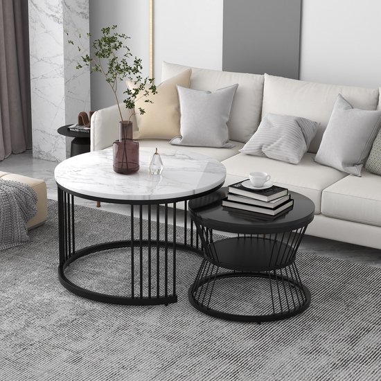 Soweiz Moderne nesting salontafel, hoogglans salontafel, marmeren fineer sofa zijnest van tafels set van 2, gouden kleur frame