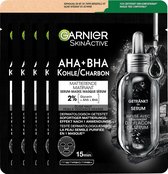Garnier SkinActive Pure Charcoal Black Sheet Mask - Zuiverend en Verfijnend Gezichtsmasker - 5 Stuks - Voordeelverpakking