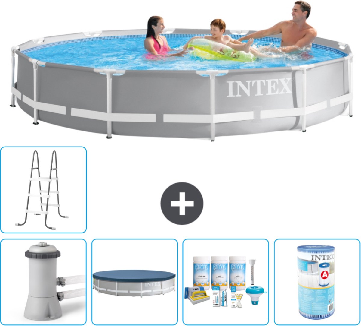 Intex Rond Prism Frame Zwembad - 366 x 76 cm - Grijs - Inclusief Pomp - Afdekzeil - Onderhoudspakket - Filter - Ladder - Voetenbad - 7-delig