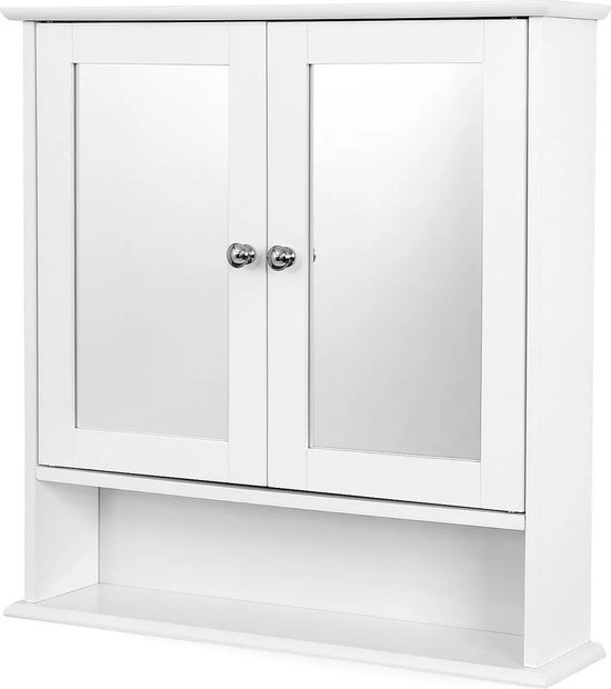 Witte badkamerspiegelkast met twee spiegeldeuren en een open plank.