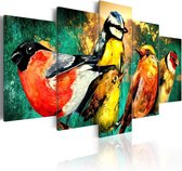 Schilderij - Kleurrijke  bijeenkomst van Vogels , 5 luik