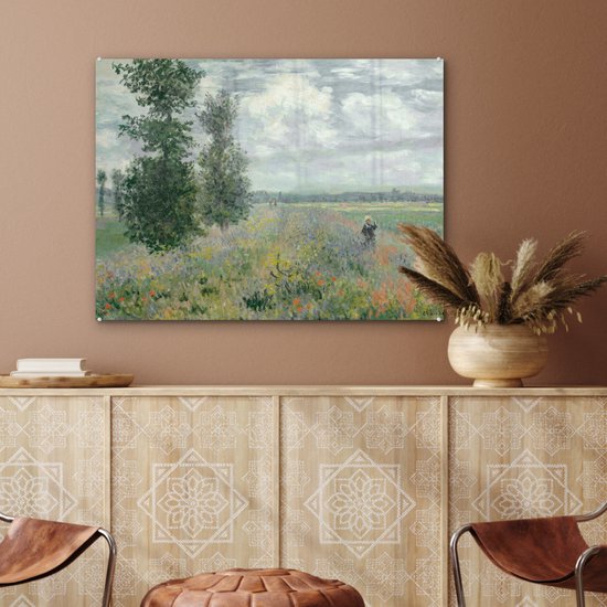 MuchoWow® Peinture sur verre 80x60 cm - Peinture sur verre acrylique - Claude Money - Champs de Poppy - Art - Maîtres anciens - Photo sur verre - Peintures