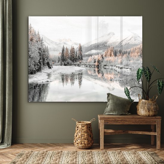 MuchoWow® Peinture sur verre 160x120 cm - Peinture sur verre acrylique - Nature - Hiver - Arbres - Montagnes - Neige - Photo sur verre - Peintures