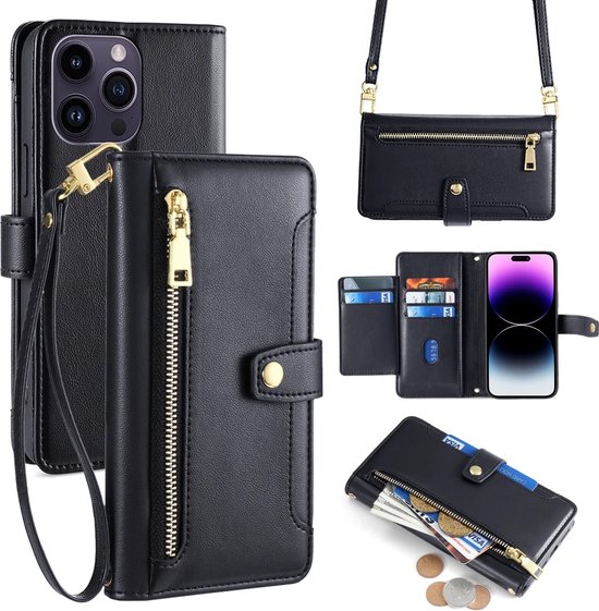 Stevige Dames Kaart Houder Luxe Portemonnee Crossbody Telefoon Hoesje Voor IPhone 15 Pro Max Flip Cover Met Riem Passen Houder