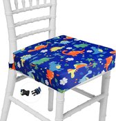 Stoelverhoger, cartoon draagbare stoelverhogers met 2 veiligheidsgespen, wasbare stoelverhoger voor eettafel (dinosaurusblauw)