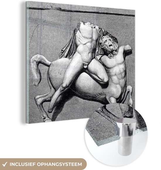 MuchoWow® Glasschilderij 20x20 cm - Schilderij acrylglas - Een illustratie van een naakte man op een centaur - Foto op glas - Schilderijen