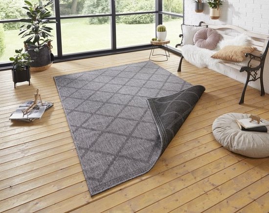 Flycarpets Omkeerbaar Buitenkleed / Vloerkleed - Corsica - Zwart / Antraciet - Laagpolig Tuintapijt / Buitentapijt / Tuinkleed - 200x290 cm