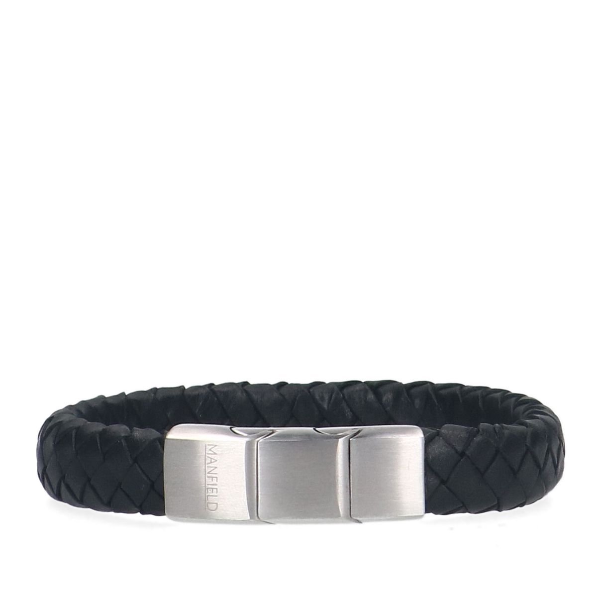 Manfield - Heren - Zwarte leren gevlochten heren armband - Maat 1