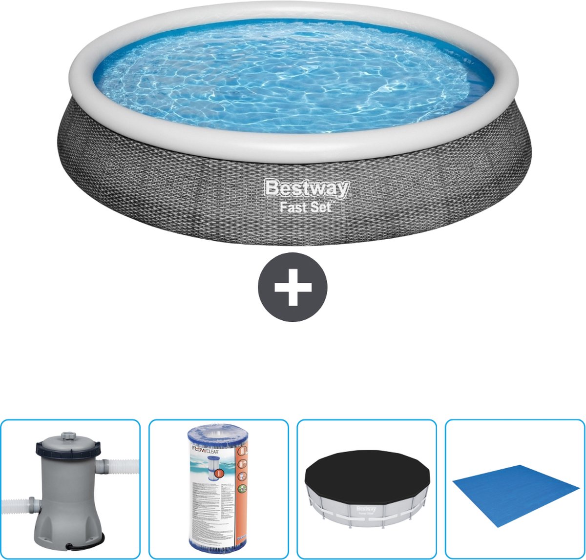 Bestway Rond Opblaasbaar Fast Set Zwembad – Rotanprint – 396 x 84 cm – Inclusief Pomp Filter – Afdekzeil – Grondzeil