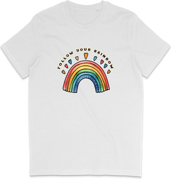T Shirt Dames en Heren - Regenboog en Tekst: Follow Your Rainbow - Wit - XXL