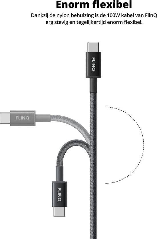 FlinQ - 2x USB C naar USB C Kabel 100W - Snellader voor Smartphone, Tablet - Zowel Datakabel als Oplader - 2 Meter Lange Nylon Oplaadkabel